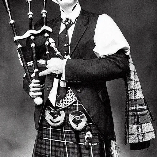 Prompt: beautiful count orlok in a kilt playing bagpipes