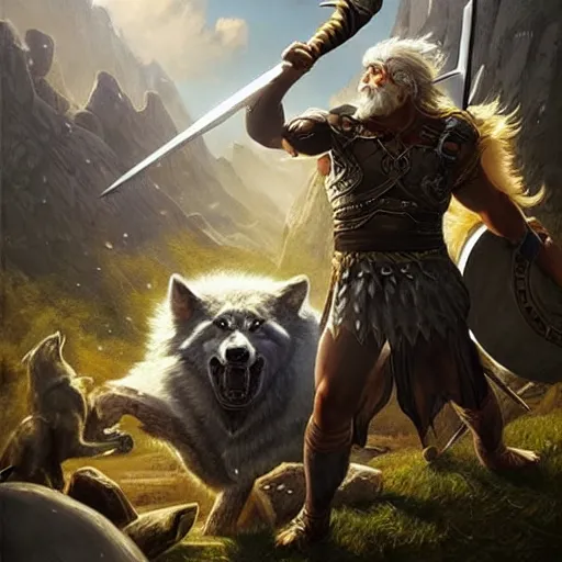 Prompt: The asgardian one-eyed god Odin using a spear to fight the gray wolf Giant Wolf Fenrir in Ragnarök, majestic, high-detail, realism, painting by Andreas_Rocha,