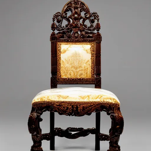 Prompt: a photo of an ornate wooden chair from the gilded age that vaguely looks like Christina Hendricks