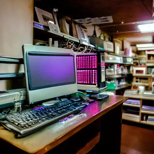 Prompt: old computers in a japanese thrift store, cinematic light, atmospheric, synthwave atmosphere, 8 k photography