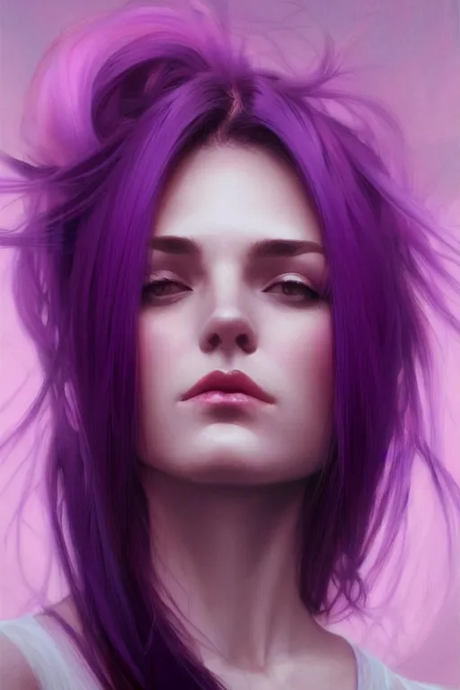 Image similar to Purple hair, creative colouring Portrait of woman face profile, fashion, coloured strands of hair, intricate, elegant, highly detailed, digital painting, artstation, concept art, smooth, sharp focus, illustration, art by artgerm and greg rutkowski and alphonse mucha