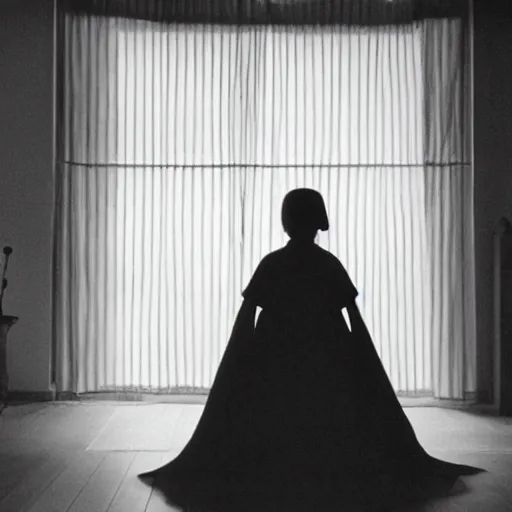 Image similar to woman in traditional hanbok waiting in living room while the shadow of a giant Kaiju-eiga starfish is behind the screen window, 35mm film still, monochrome Wes Anderson and Fritz Lang