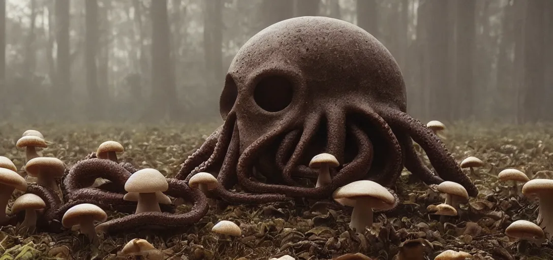 Prompt: an octopus in the shape of a skull surrounded by mushrooms at dawn, foggy, cinematic shot, photo still from movie by denis villeneuve, wayne barlowe