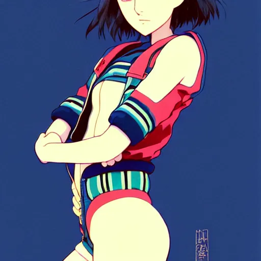 Image similar to a beautiful! boyish! natalie portman alluring gravure! model, wearing oversized mayan bomber jacket and leotard with overalls, bulky poofy bomber jacket with mayan patterns, gapmoe yandere grimdark, trending on pixiv fanbox, painted by greg rutkowski makoto shinkai takashi takeuchi studio ghibli, akihiko yoshida