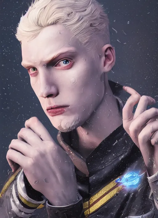 Image similar to An epic fantastic realism comic book style portrait painting of Lucius the most beautiful pale blond man in the universe, flowers rain everywhere, fisheye lens, Apex Legends Concept Art, porcelain, unreal 5, DAZ, hyperrealistic, octane render, cosplay, RPG portrait, dynamic lighting