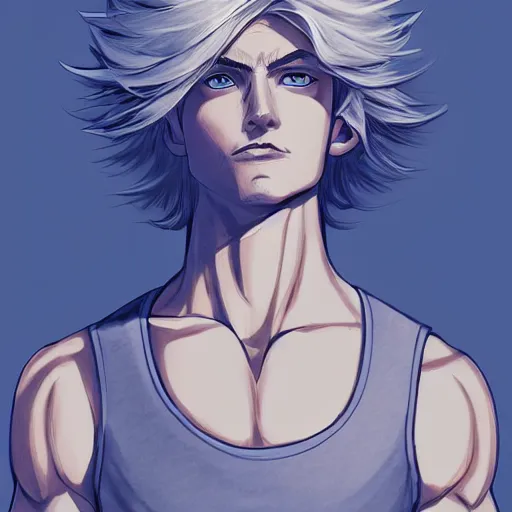 Image similar to portrait of a feminine young man with short white hair, bedhead, and blue eyes, wearing a gray t shirt, muscular arms, dramatic lighting, illustration by Rossdraws, professional portfolio, 4k, digital art, concept art, trending on artstation