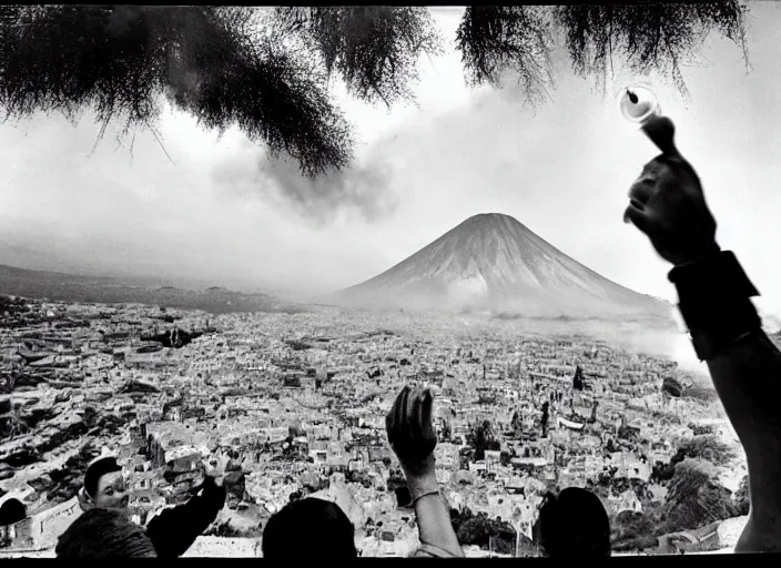 Image similar to quality old photo of average greeks drink wine and have fun against the backdrop of mount vesuvius starting to erupt by sebastian salgado, fisheye 4, 5 mm, diffused backlight