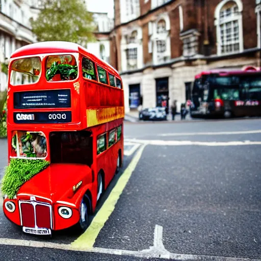 Prompt: a london bus made from salad and tomatoes. happy. good mood. smiling. high quality 8 0 mm photography. one a white, shiny table.