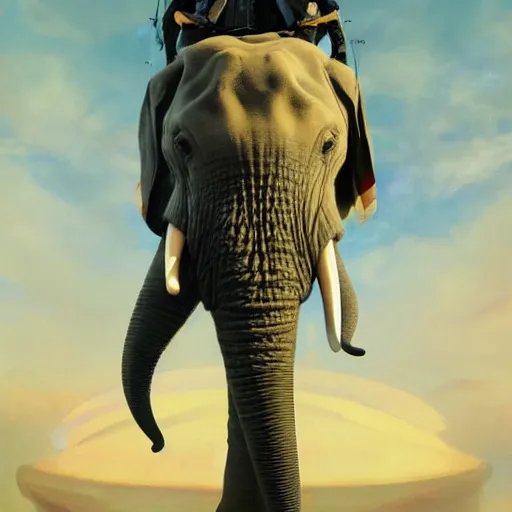 Prompt: an elephant dressed as an aviator, centered full body pose, zenith angle, shadowy area, dramatic lighting, concept art, digital painting, Unreal Engine 5, 8K, art by artgerm and Greg Rutkowski and Alphonse Mucha