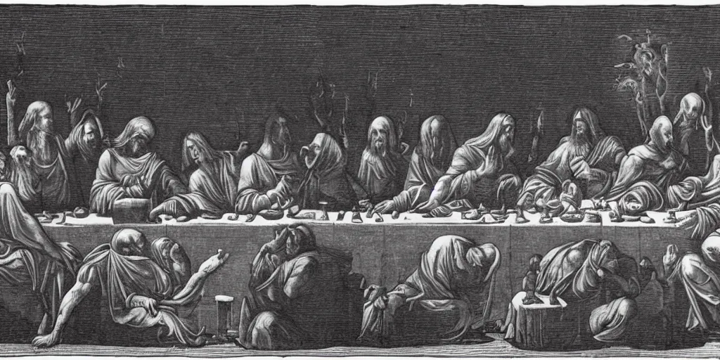 Prompt: the last supper, in the style of Dante’s inferno,