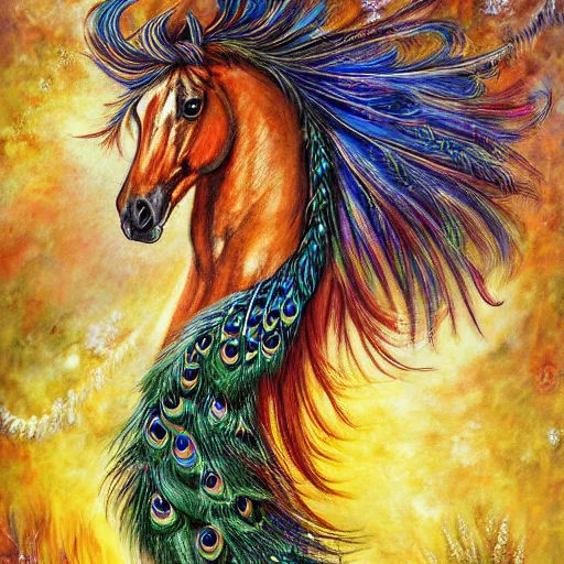Prompt: beautiful horse with long flowing peacock feather mane and tail detailed painting in the style of josephine wall 4 k