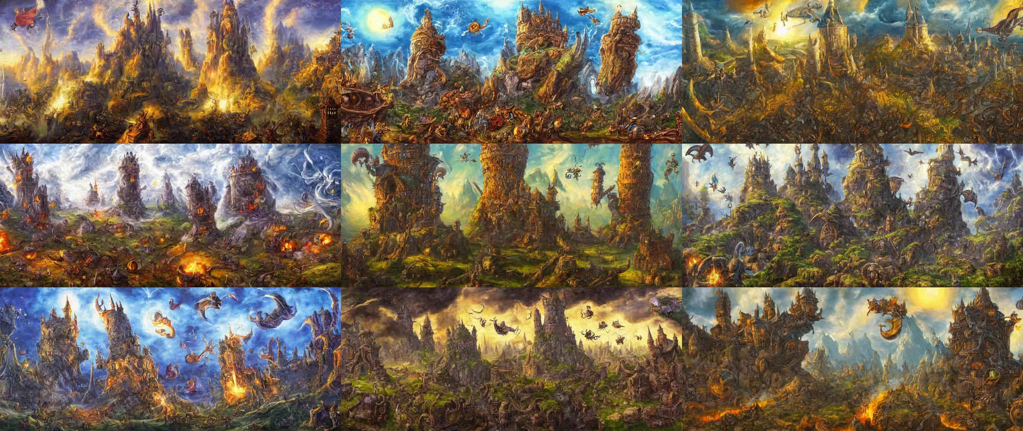 Prompt: flying snails attacking a wizard tower, epic fantasy oil painting, super wide view