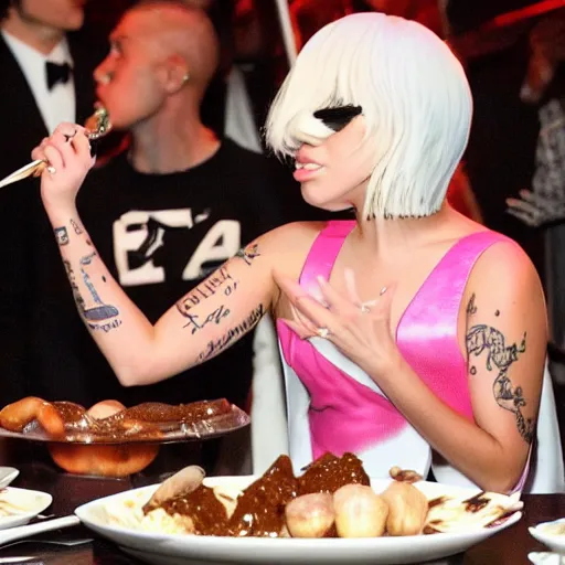 Prompt: lady gaga eating a plate poop, disgusting and delicious