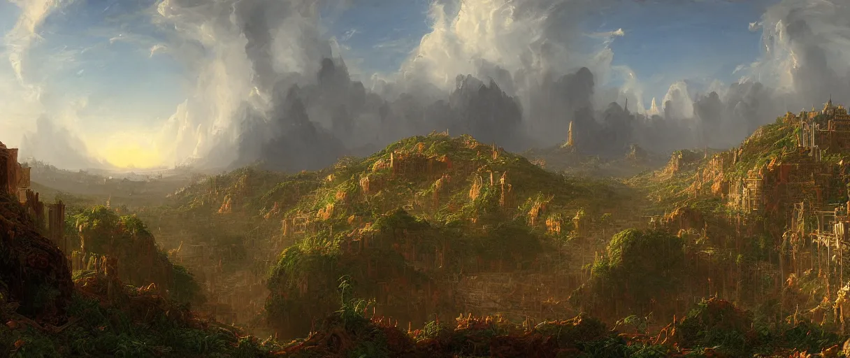 Prompt: a highly detailed painting of a post apocalyptic la in the style of thomas cole