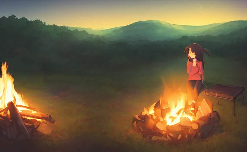 Prompt: a lonely girl roasting a marshmallow over a campfire at night on the Appalachian Trail, interesting camera angle, detailed facial features, anime scene by Makoto Shinkai, digital art, 4k