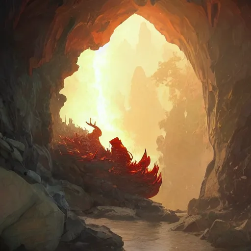 Prompt: A large flaming dragon egg in a nest hidden inside a rocky cave, fantasy art by greg rutkowski and alphonse mucha, highly detailed, digital painting, matte painting, concept art, illustration, oppressive lighting, trending on artstation, very detailed