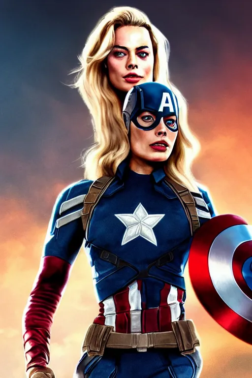 Image similar to Margot Robbie as Captain America, highly detailed, 4k HD, hyper-realistic, digital art