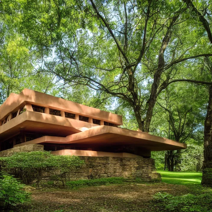 Prompt: a human face as a house by frank lloyd wright, eerie, lush trees, award winning photo, 8 k,