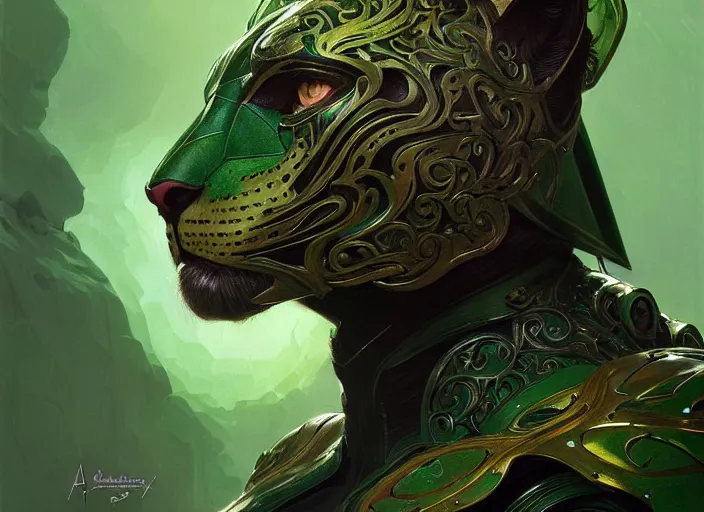 Image similar to portrait of a green panther, d & d, armour! fantasy, intricate, elegant, highly detailed, digital painting, artstation, concept art, smooth, sharp focus, illustration, art by artgerm and greg rutkowski and alphonse mucha