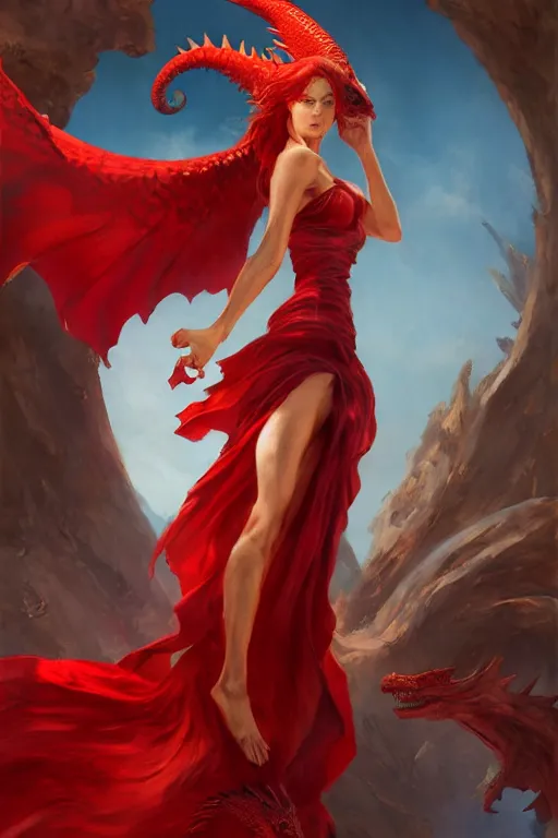 Prompt: Red hair woman in a sundress with a red dragon ,by Jaime Jones, Raymond swanland, Ruan Jia, Kentaro Miura, Artgerm,