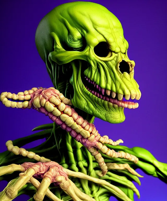 Image similar to hyperrealistic rendering, cronenberg flesh monster skeletor by art of skinner and richard corben and jeff easley, product photography, action figure, sofubi, studio lighting, colored gels