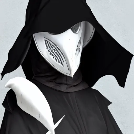 Image similar to female plague doctor donning a black hood, steel knightly armor and a white crow mask, trending on artstation