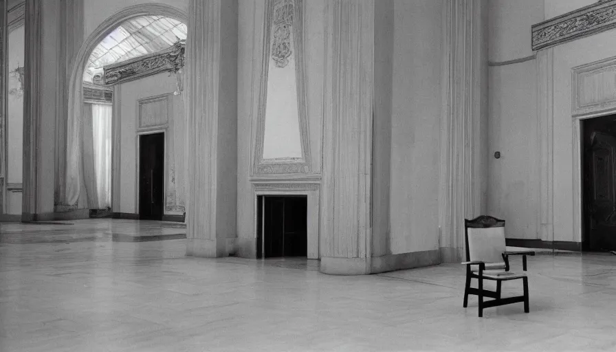 Image similar to 60s movie still of a sovietic stalinist style empty Palace with one unique chair, cinestill 800t 50mm eastmancolor, liminal Space style, heavy grain-s 150