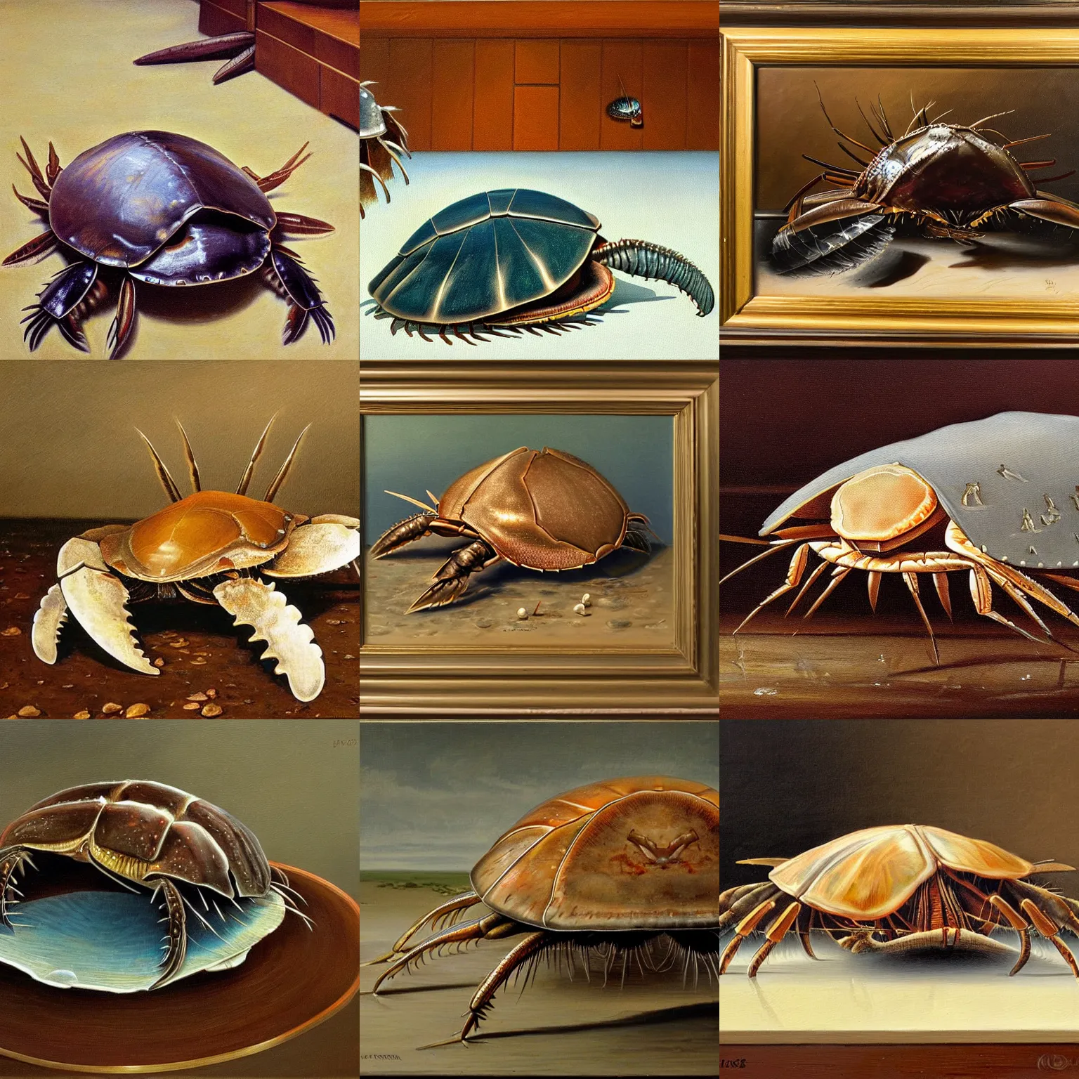 Prompt: horseshoe crab listening to a sony in a library, oil painting, high quality, detailed