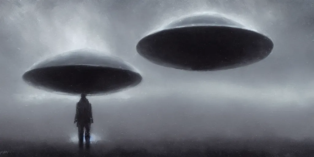 Prompt: epic cinematic concept art of an ufo during an giant, cloudy, foggy, storm, night setting. realistic shaded lighting poster by craig mullism, jeremy lipkin and michael garmash, radiant light, detailed and intricate environment, digital art, trending on art station, monochromatic noir