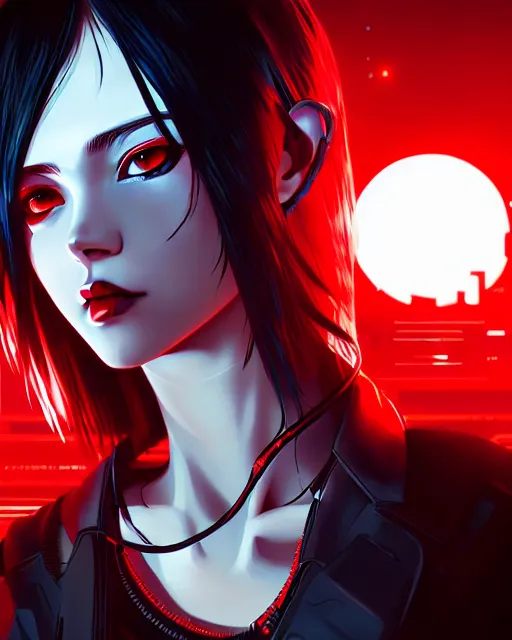 Prompt: a detailed potrait of a cyberpunk cyborg girl with black and red parts, perfect face, realistic shaded perfect face, detailed. night setting. very anime style. realistic shaded lighting poster by ilya kuvshinov katsuhiro, unreal engine, global illumination, radiant light, detailed and intricate environment