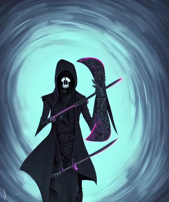 Image similar to a portrait of a hooded neon grimm reaper holding a single scythe, fantasy, elegant, digital painting, artstation, concept art, matte, sharp focus, illustration, art by josan gonzalez