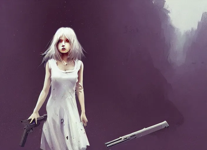 Image similar to white dress girl chasing from crazy grim reaper, holding a gun, messy hair, messy lines, scared face, beautiful and aesthetic and attractive, dramatic situation, specular reflection, occlusion shadow, intricate, bokeh, by ilya kuvshinov and jeremy lipking and quentin mabille