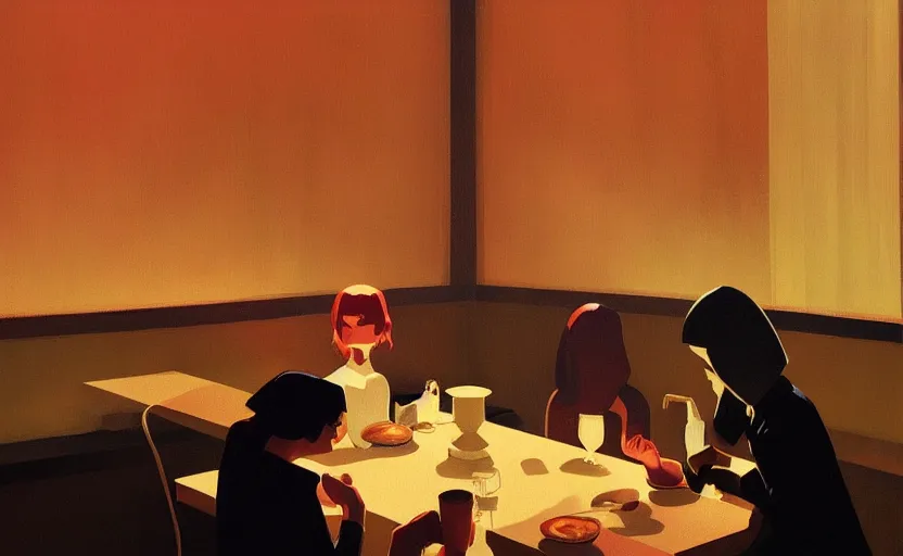 Image similar to a mysterious dinner scene illustration by atey ghailan and escher and edward hopper, japanese surreal