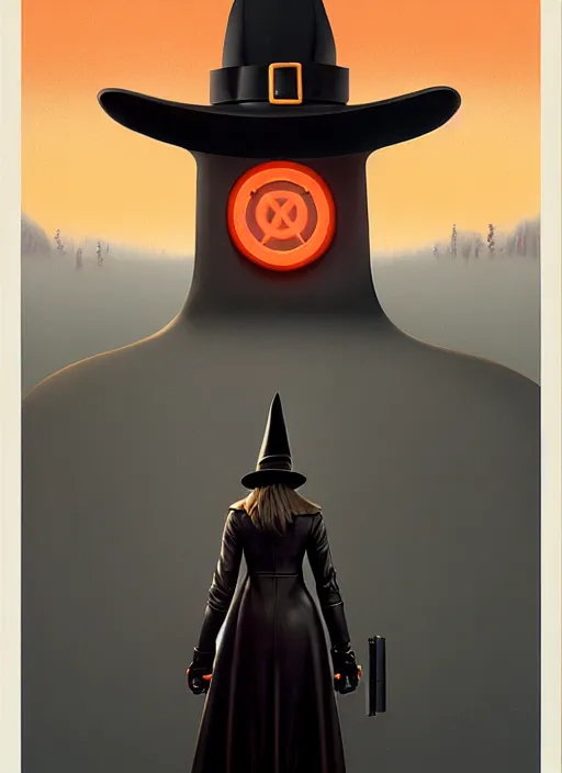 Image similar to perfectly centred realistic picture of a character dressed in leather tight suit and witch hat, dark, poster, ralph mcquarrie, simon stalenhag