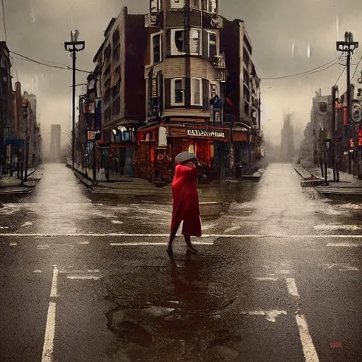 Image similar to 1 9 5 0 s town street in the middle of a rainstorm, fisheye!!!!!! lens, shot by jimmy nelson and greg rutkowski, cgsociety contest winner, intricately defined, complexly detailed, photorealistic photography, 4 k