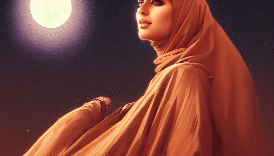 Prompt: Portrait of very beautiful Arab woman wearing a Chador, under giant full moon in the desert, intricate, glowing magical eyes, energy trails, elegant, highly detailed, digital painting, artstation, concept art, smooth, sharp focus, illustration, art by artgerm and greg rutkowski and alphonse mucha