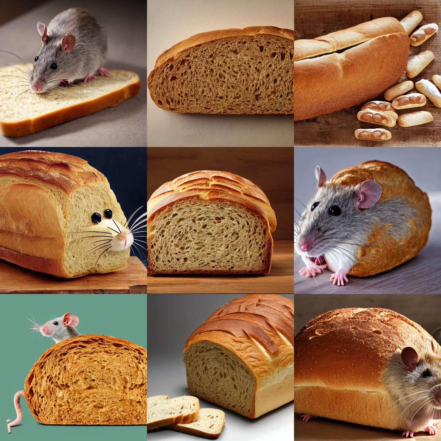 Prompt: a rat made of bread