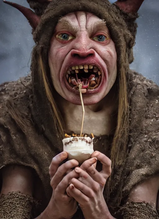 Image similar to closeup portrait of a medieval goblin eating cakes in the abbey, depth of field, zeiss lens, detailed, symmetrical, centered, fashion photoshoot, by annie leibovitz and steve mccurry, david lazar, jimmy nelsson, breathtaking, 8 k resolution, extremely detailed, beautiful, establishing shot, artistic, hyperrealistic, beautiful face, octane render