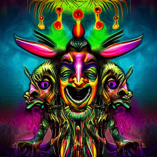 Prompt: a psychedelic jester mask with three rows of eyes album cover 4k