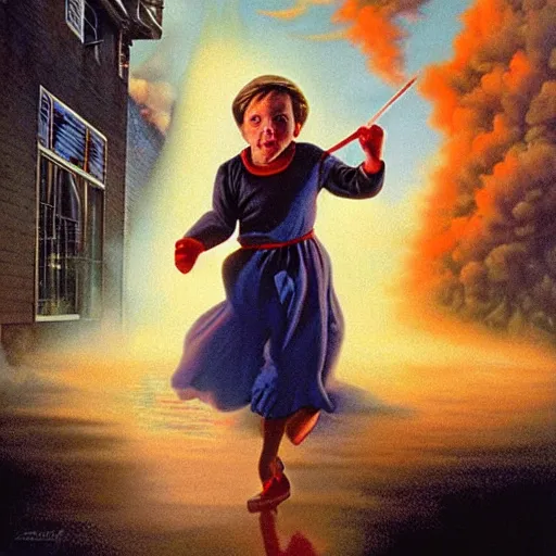 Image similar to a disappearing running child holding scissors in hand disappears evaporates dissolves into vapor, mist, smoke, blood drops and spatteer, a detailed matte painting by John Philip Falter and Jason Edmiston