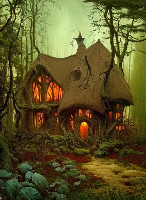 Image similar to hyper realistic witch cottage rococo in the woods gorgeous lighting, highly detailed, lush forest painting by zdzisław beksinski and norman rockwell and greg rutkowskiweta studio, and lucasfilm