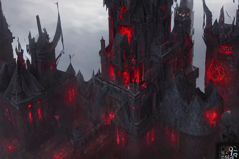 Image similar to big evil castle - city rock dark shadow elves, might and magic heroes vii, dark fantasy, shadows, artstation trending, unreal engine 5, red