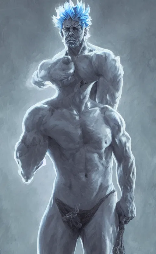 Prompt: rick sanchez, norse god, blue hair, masculine, mature, handsome, upper body, grey and silver, muscular, hairy torso, fantasy, intricate, muscular, elegant, highly detailed, digital painting, artstation, concept art, smooth, sharp focus, illustration, art by gaston bussiere and alphonse mucha