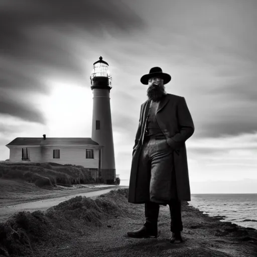 Image similar to Live Action Still of Jerma985 in a film as a Lighthouse Keeper with an overcoat, hat, and beard, black and white, hyperrealistic, ultra realistic, realistic, highly detailed, epic, HD quality, 8k resolution, body and headshot, film still