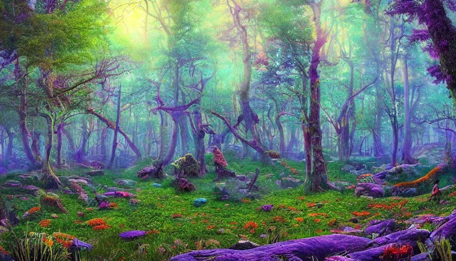 Image similar to landscape psychodelic dmt lsd forest, photorealistic, artgerm, artwork by Bierstadt, Albert