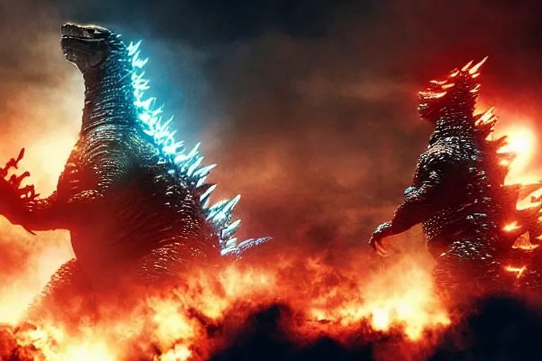 Image similar to godzilla playing the drumset, rock music, concert lights, dynamic photo, still shot from the new godzilla movie