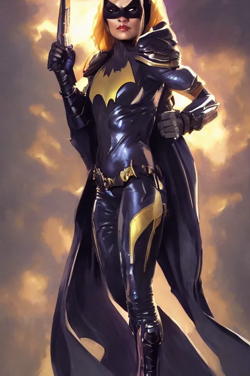 Image similar to portrait of a young Michelle Pfeiffer as Batgirl in bikini armor, dc comics, cyberpunk, Warhammer 40000, dark fantasy, digital art from artstation by Ruan Jia and Mandy Jurgens and Artgerm and william-adolphe bouguereau