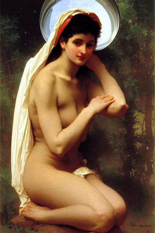 Image similar to portrait of a woman in astronaut helmet an ancient human specie, by bouguereau