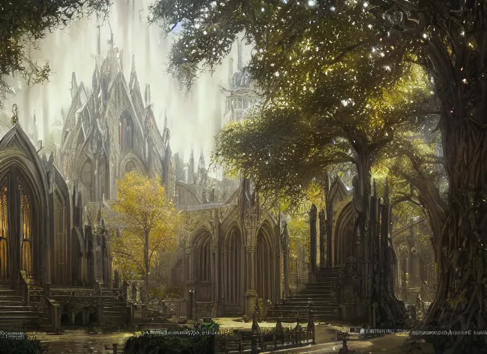 Prompt: A temple church in a beautiful elven city made of black and gold marble, anime, lush trees, fountain, a fantasy digital painting by Greg Rutkowski and James Gurney, trending on Artstation, highly detailed