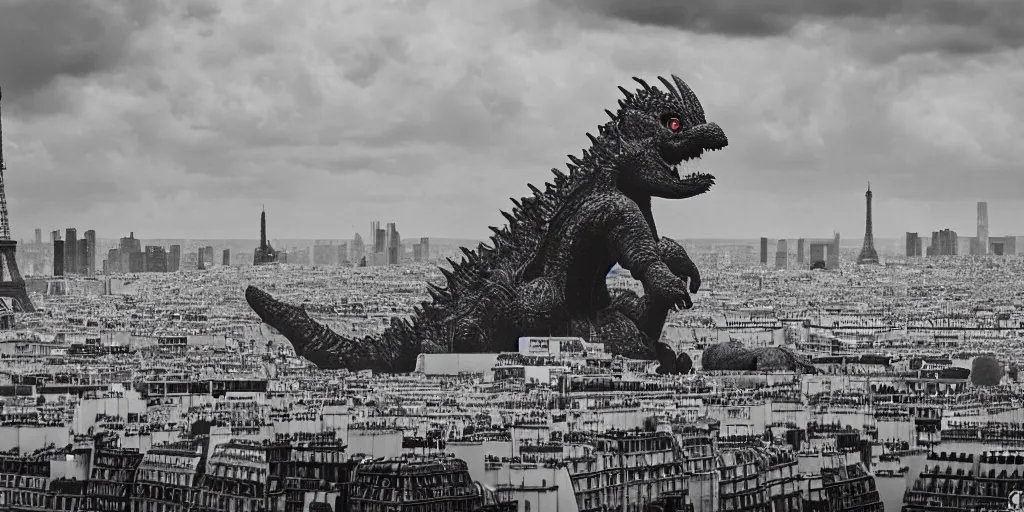 Image similar to gozilla destroying paris, wide angle